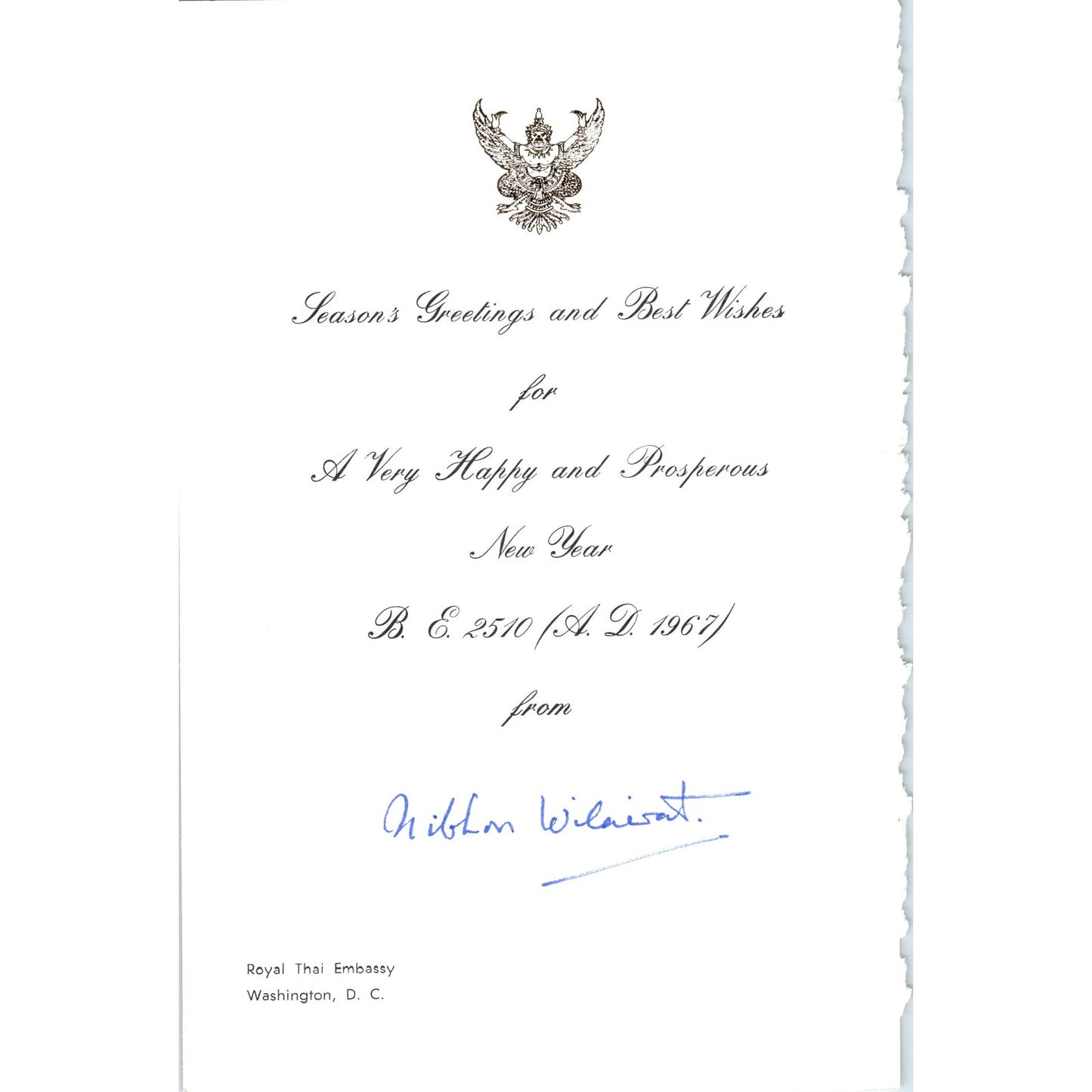 1960s Christmas Card from Royal Thai Embassy Ambassador Niblan Wilaisat B15
