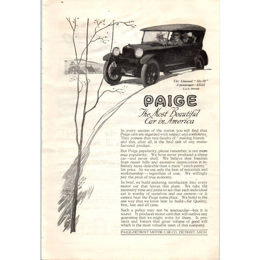 c1920 Harper's Magazine Ad - Paige Linwood Six-39 Automobile Detroit MI EA3