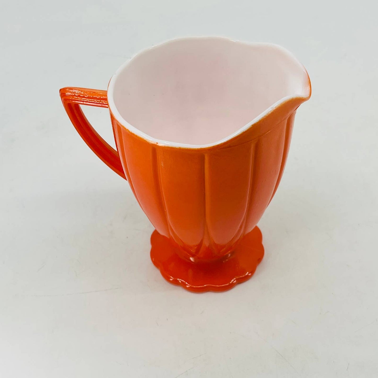 1940s Hazel Atlas Moderntone Platonite Creamer Coral Orange & White 4” TA5