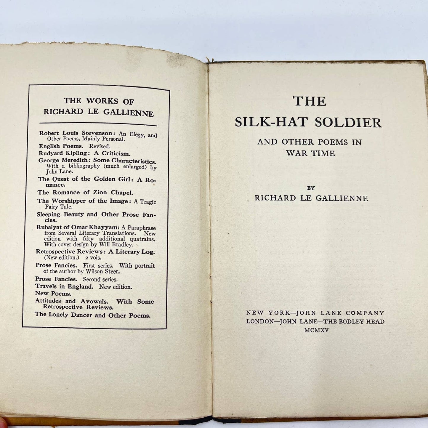 1915 The Silk Hat Soldier and Other Poems in Wartime Richard Le Gallienne TF2