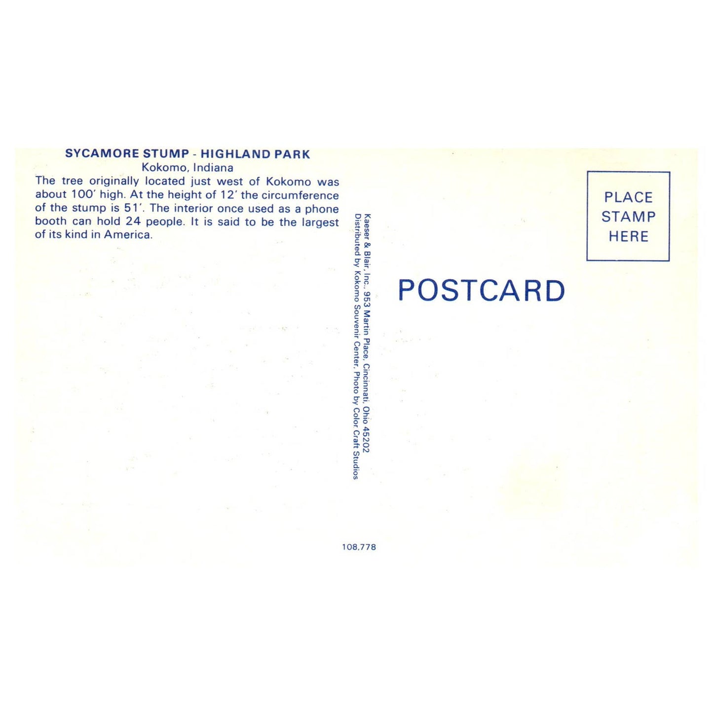 Vintage Postcard - Sycamore Stump Highland Park Kokomo Indiana TJ7-1