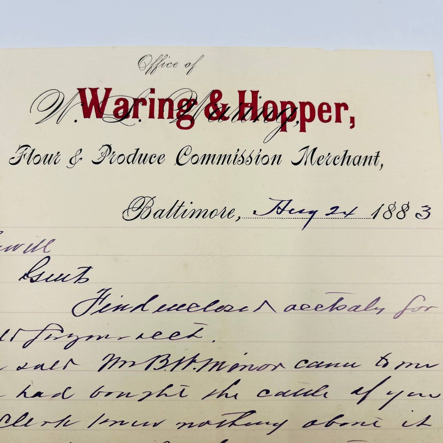 1883 Waring & Hopper Dry Goods Baltimore MD Memo Letterhead Correspondence AA4