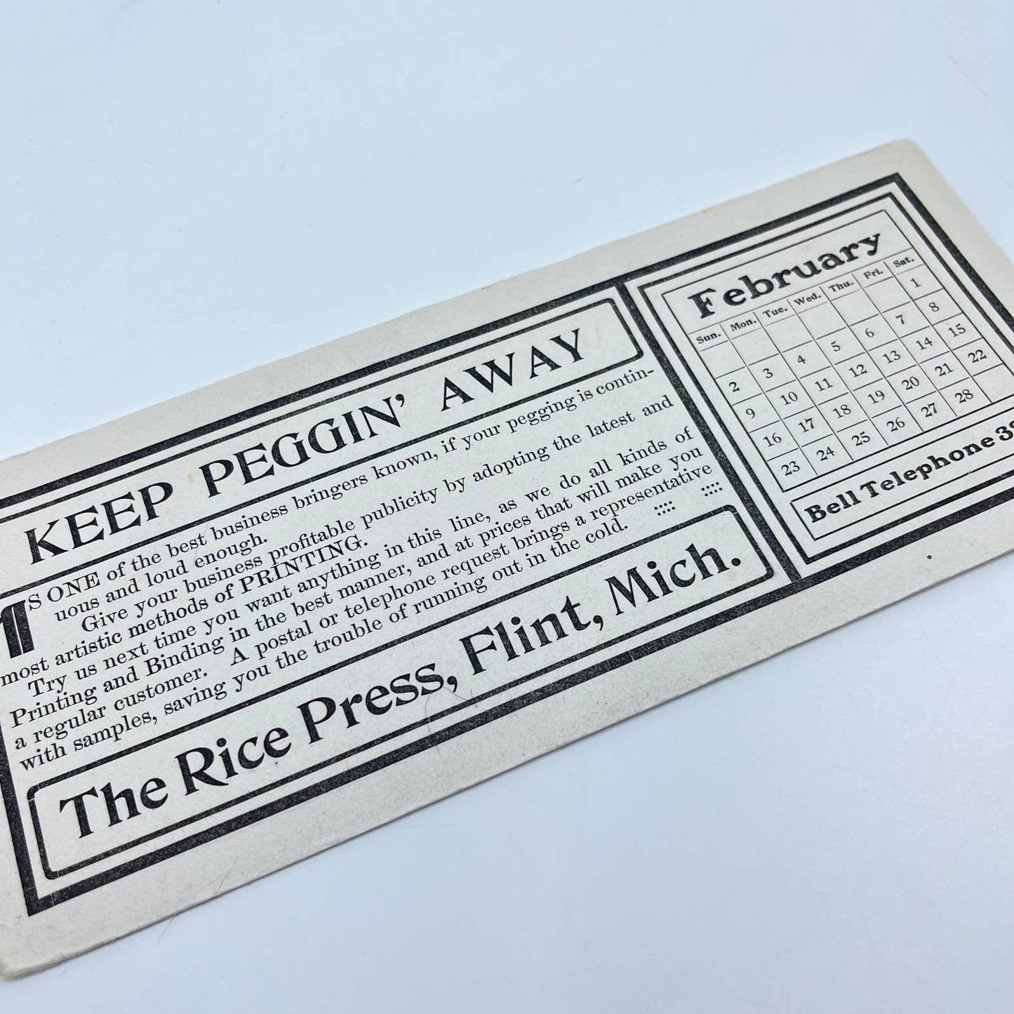 1920s Blotter Card Calendar Keep Peggin Away - The Rice Press Flint MI SC8