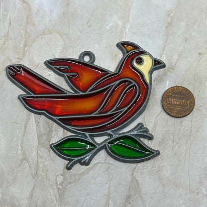 1980s Red Bird on Branch Stained Glass Suncatcher 3.5” TE5-S1
