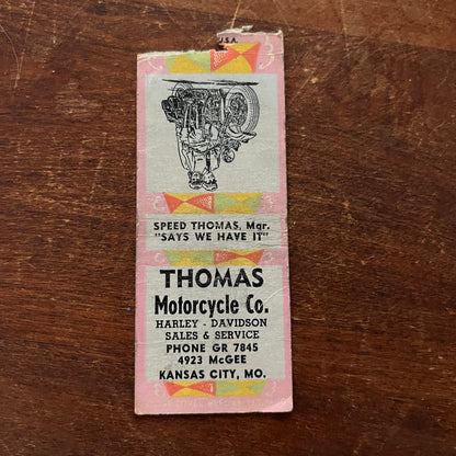 Thomas Motorcycle Co Harley Davidson Kansas City Advertising Matchbook SA9-M13