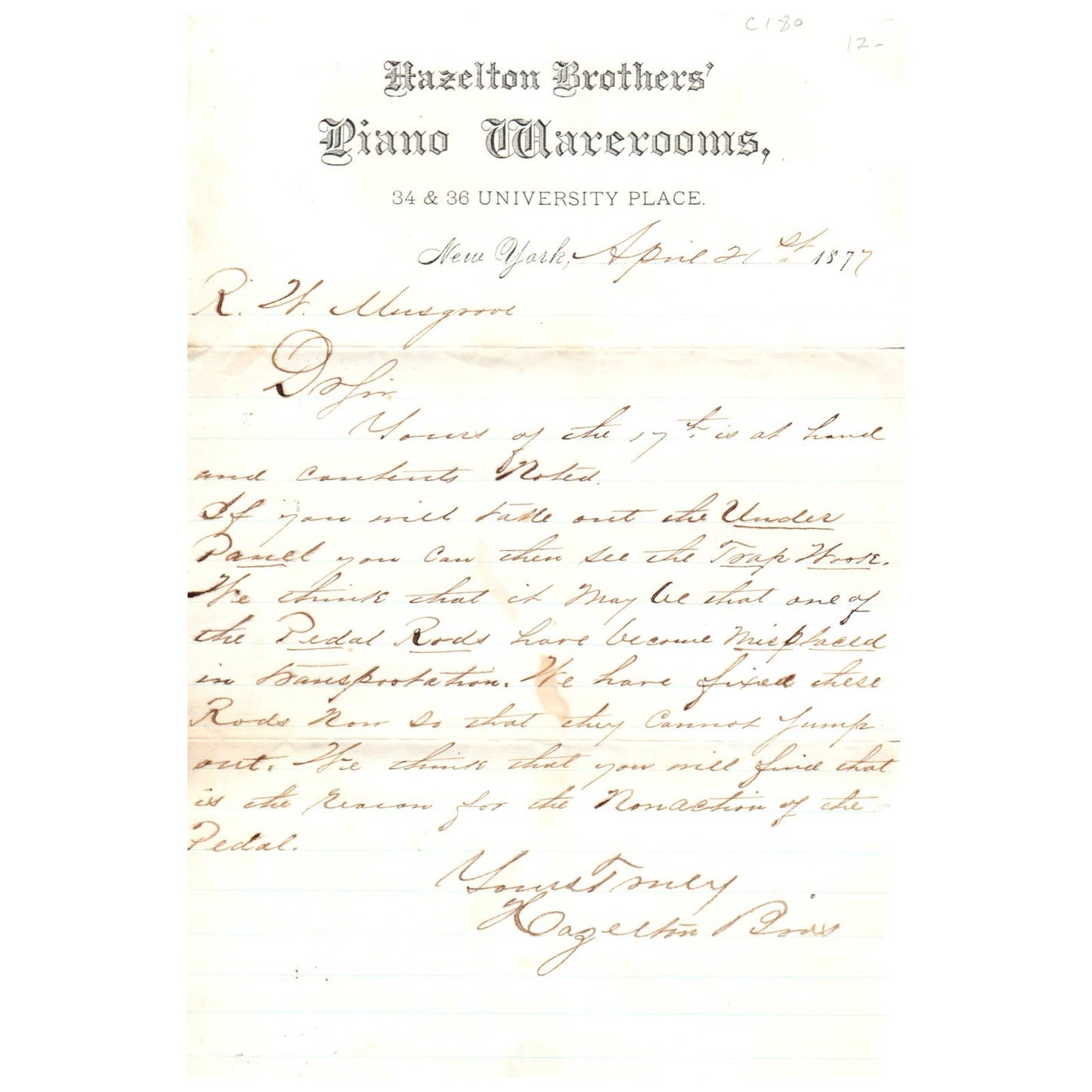 1877 Hazelton Brothers' Piano Warerooms Letterhead University Place NY AC9