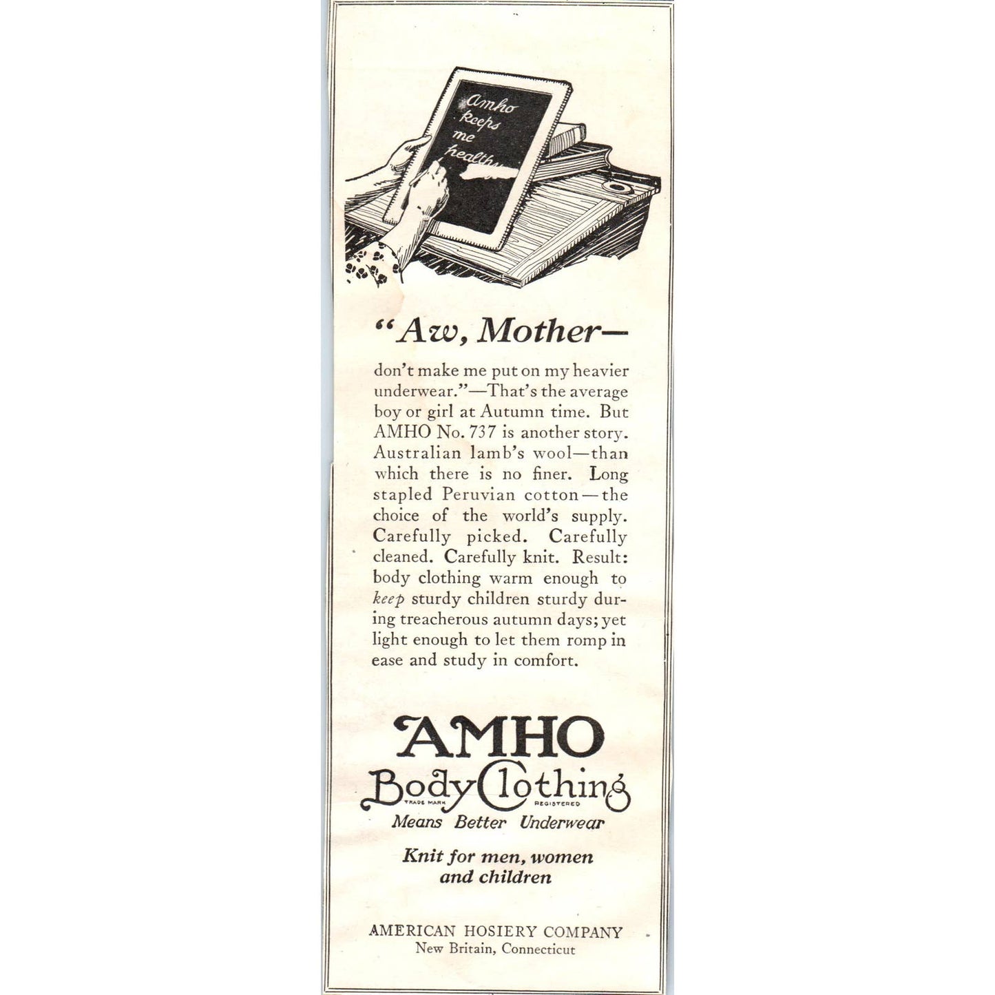 c1920 Harper's Ad - AMHO Body Clothing American Hoisery Co New Britain CT EA3-4