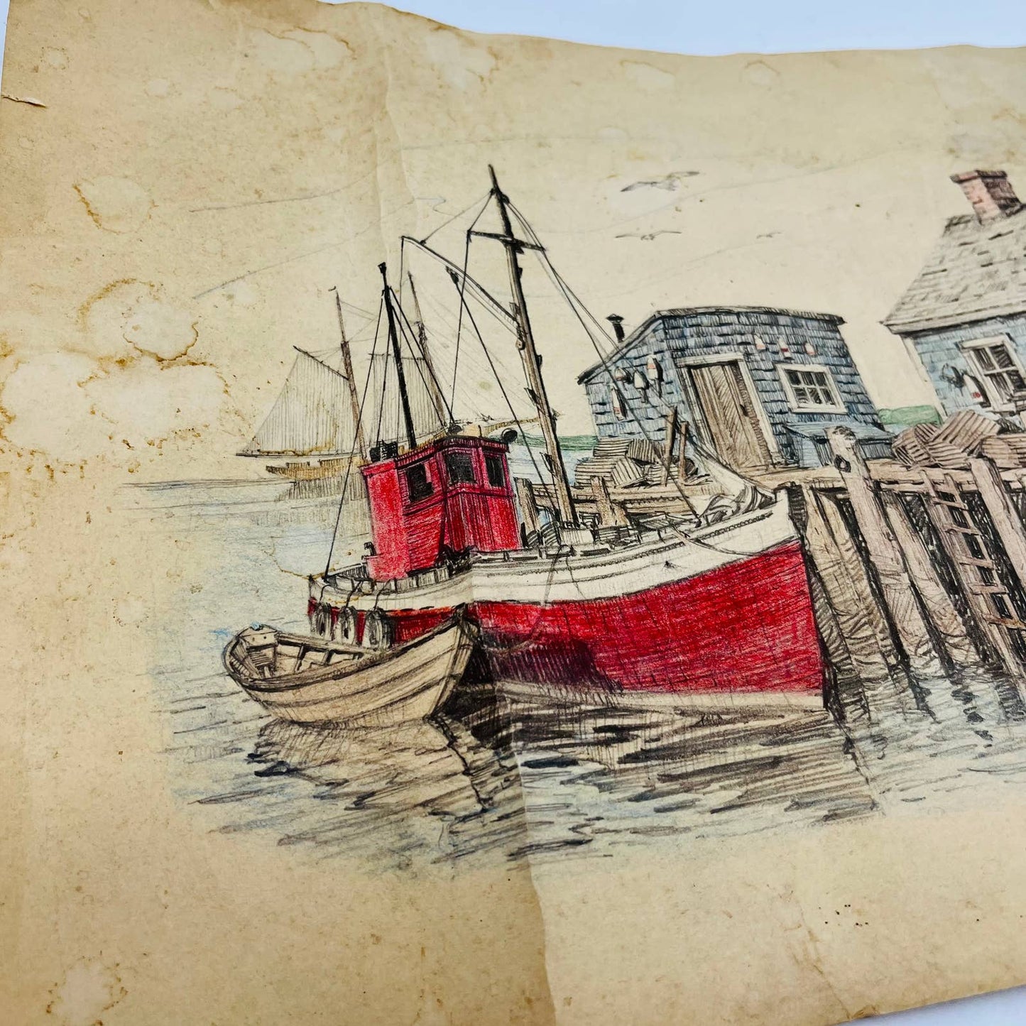 Vintage Original Sketch Pencil Drawing Red Fishing Boat Jay Killian 12 x 17 TD6