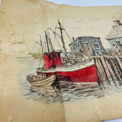 Vintage Original Sketch Pencil Drawing Red Fishing Boat Jay Killian 12 x 17 TD6