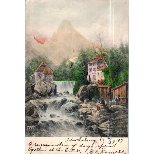 Mountain Cottage Stream Waterfall F. Gilbert 1907 Original Postcard P2-3