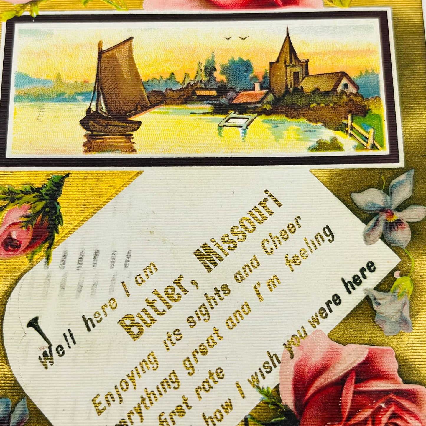 1910 Postcard Dresden Gold Sailboat Church Poem Butler MO PA8