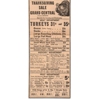 1935 Mpls Newspaper Ad Grand Central Hennepin Ave Thanksgiving Meat Sale FL5-3
