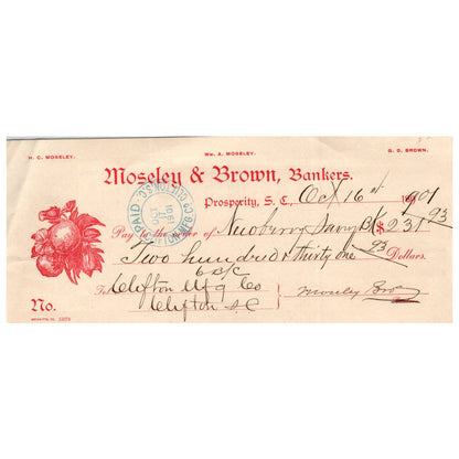 1901 Moseley & Brown Bankers Prosperity South Carolina Billhead Receipt SE4