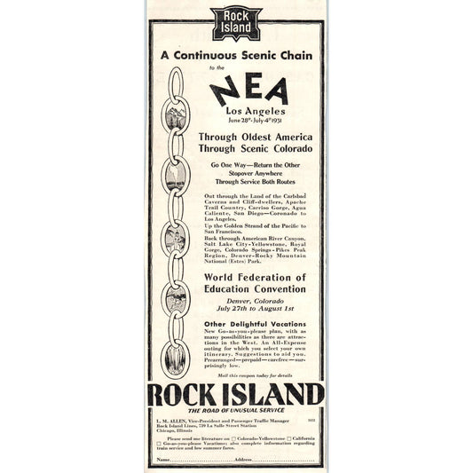 1931 Rock Island Lines Advertisement Scenic Chain NEA Los Angeles ~4.75x12 FL5-1