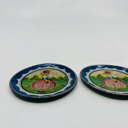 Vintage Tin Litho Girl Picking Flowers Child's Tea Set Saucer Set of 2 SB4