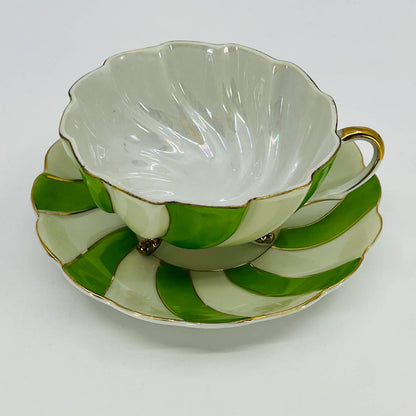 Midcentury Japan Footed Cup and Saucer Green Candy Stripe Swirl Gilt TD9