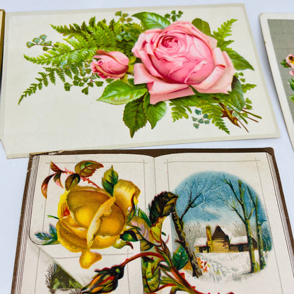 1880s Victorian Embossed Card Scrap Set of 8 Flowers Roses 6” EA2