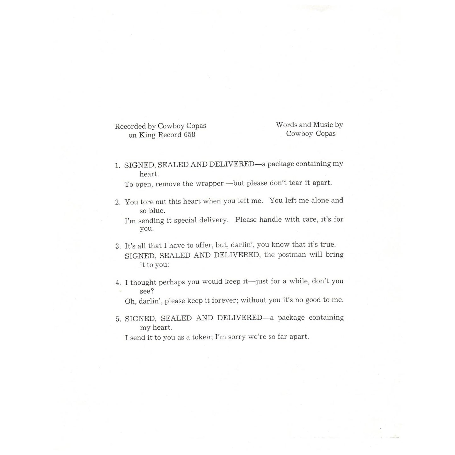 Vintage Country Music Photo Print Cowboy Copas Signed, Sealed and Delivered AD1