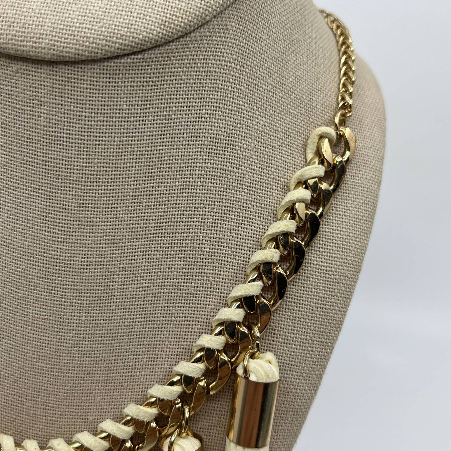 Vtg Western Boho Charming Charlie Necklace Tassels Leather Gold Tone 9.25"  SD5