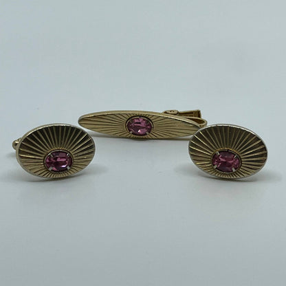 1950s Anson Gold Tone Atomic Sunburst Pink Rhinestone Cufflinks & Tie Clip SE1