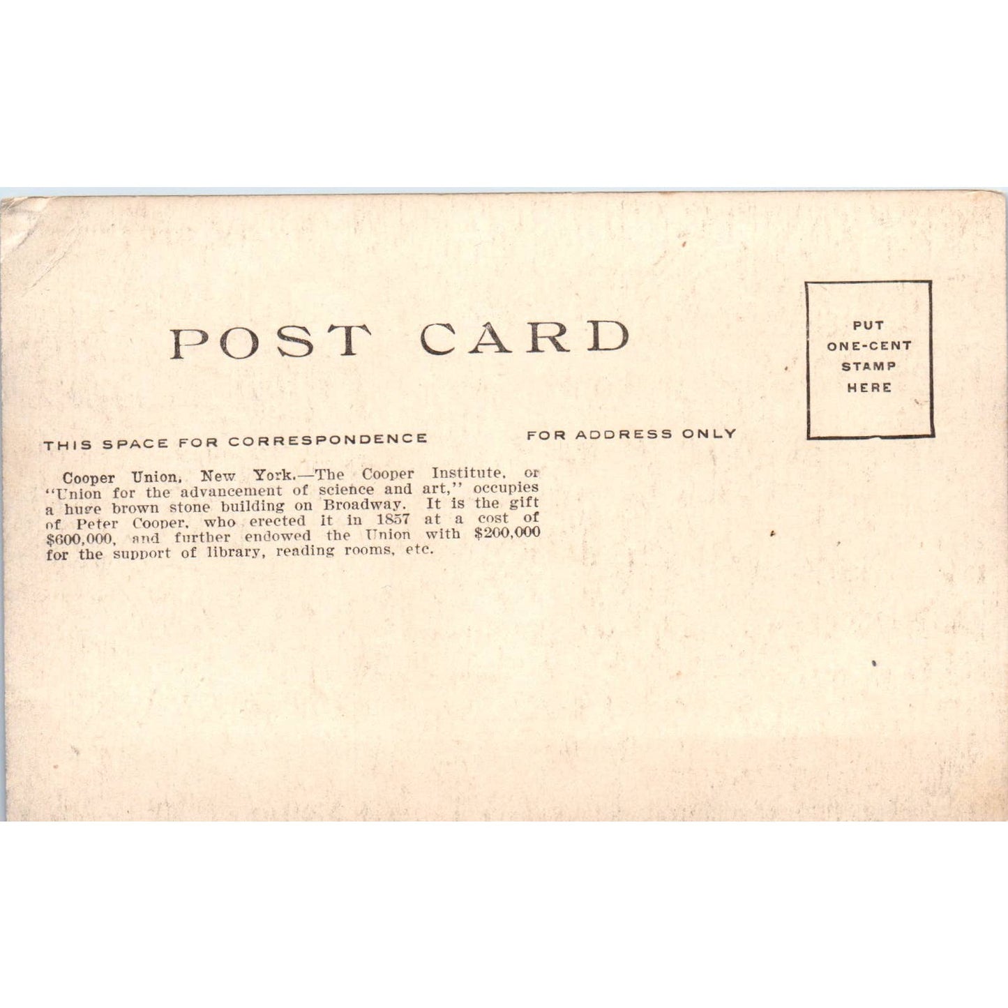 Cooper Union New York c1910 Original Postcard TK1-27