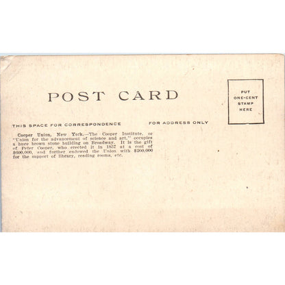 Cooper Union New York c1910 Original Postcard TK1-27