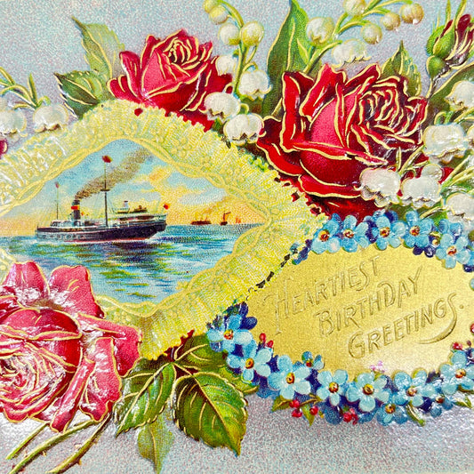 1910s Postcard Birthday Embossed Steamship Gilt SC9