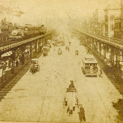 1897 Stereoview Card Along The Noted Bowery New York NY Horse Drawn Carriages