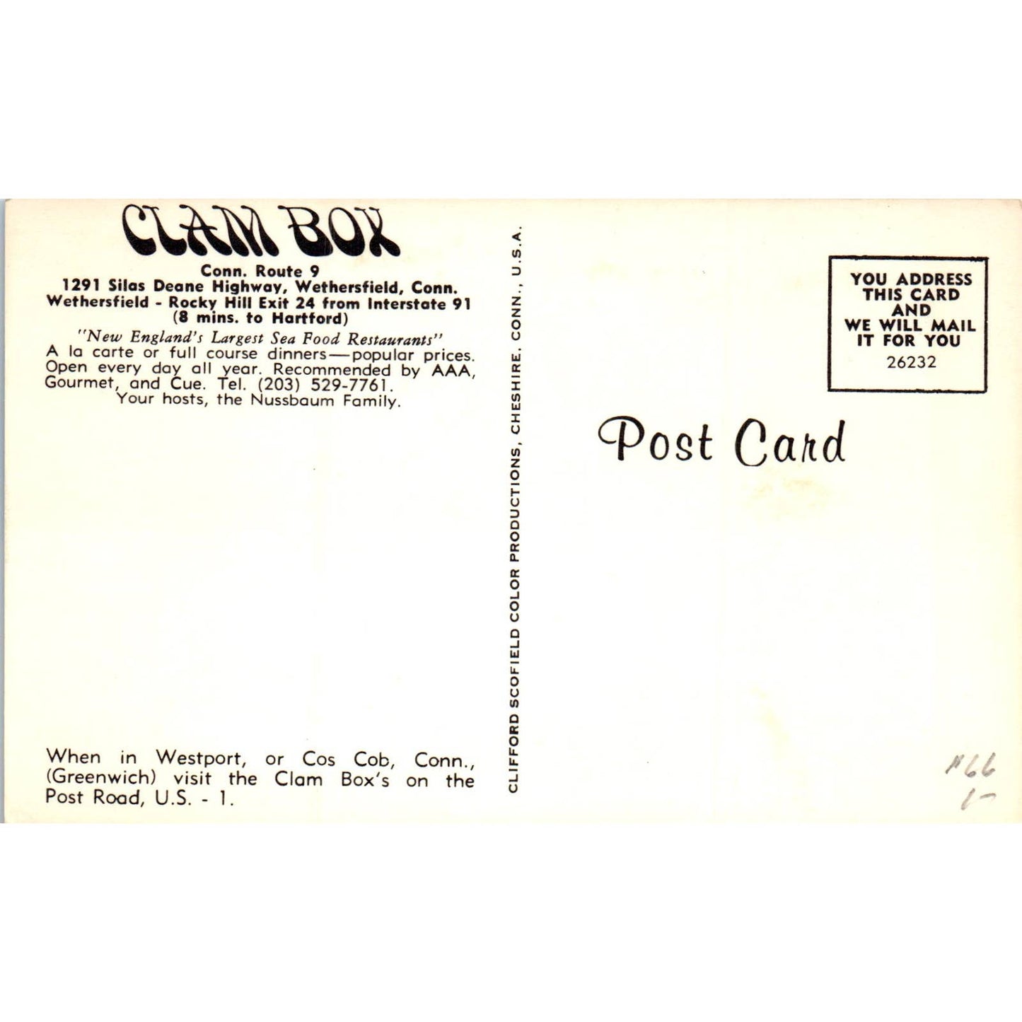 Clam Box Restaurant Wethersfield CT Nussbaum AAA Original Postcard TK1-P12