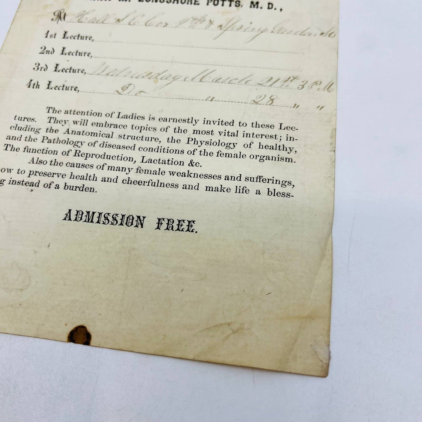 1860s Civil War Era Invitation to “Lectures to Ladies” Anna Longshore Potts D3