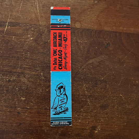 Delta's Owl Aircoach Chicago - Miami Slim Advertising Matchbook Cover MM11-5