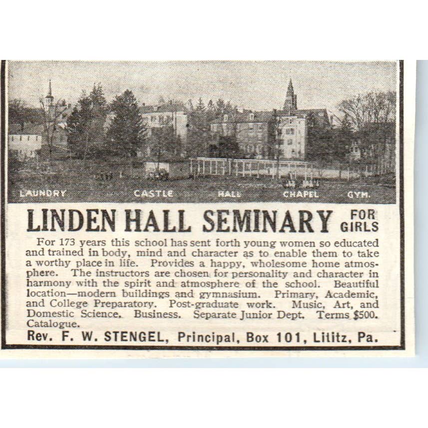 c1920 Harper's Ad - Linden Hall Seminary for Girls F.W. Stengel Lititz PA EA3