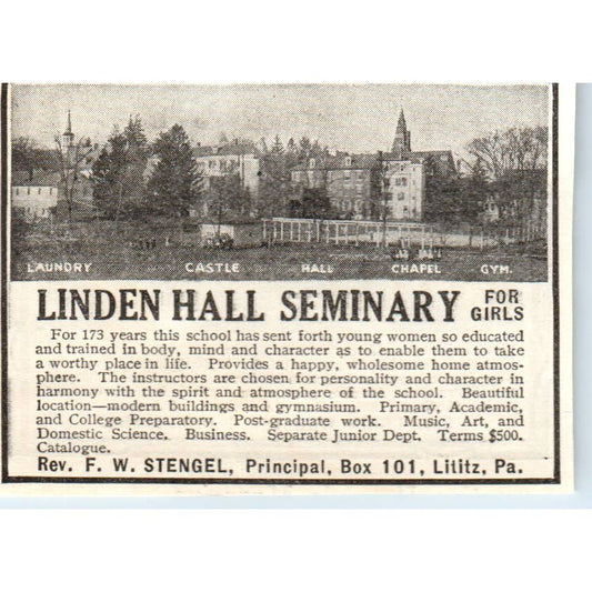 c1920 Harper's Ad - Linden Hall Seminary for Girls F.W. Stengel Lititz PA EA3
