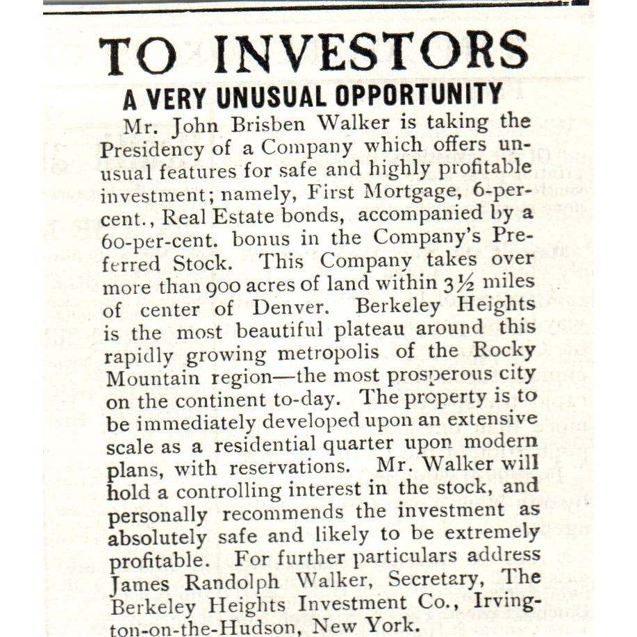 Investment Opportunity John Brisben Walker Berkeley Heights - 1903 Ad TJ7-S