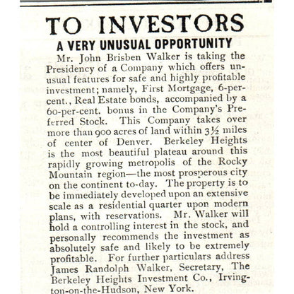 Investment Opportunity John Brisben Walker Berkeley Heights - 1903 Ad TJ7-S