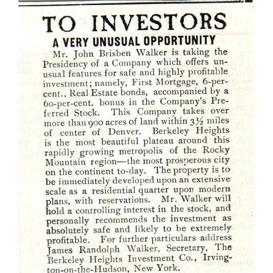 Investment Opportunity John Brisben Walker Berkeley Heights - 1903 Ad TJ7-S
