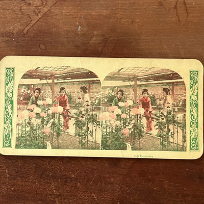 Japanese Women Gardening Tinted Antique Stereoview Card TJ9-V4