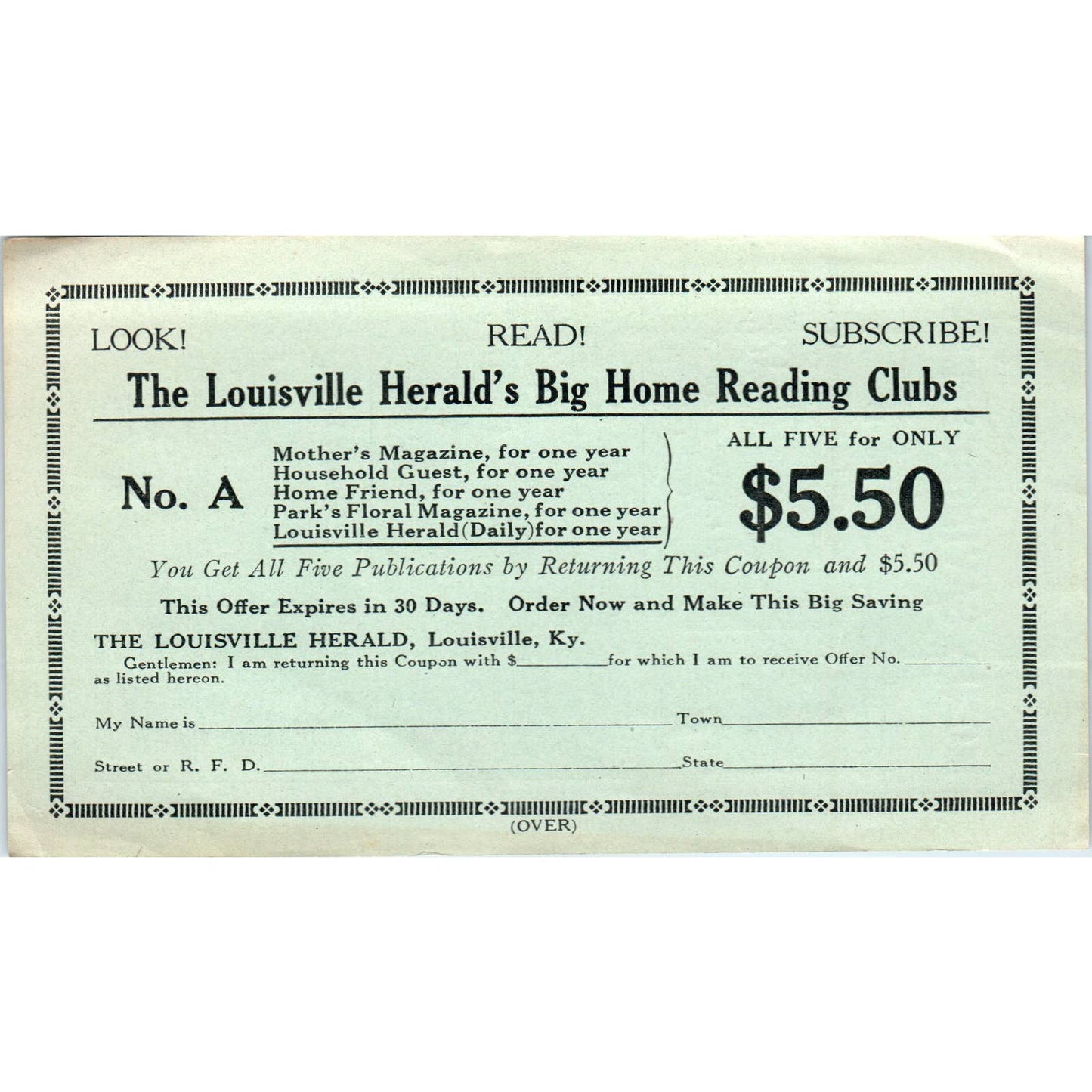 1921 Louisville Herald Reading Club Magazine Subscription Order Form SE4-3