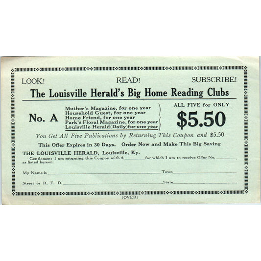 1921 Louisville Herald Reading Club Magazine Subscription Order Form SE4-3