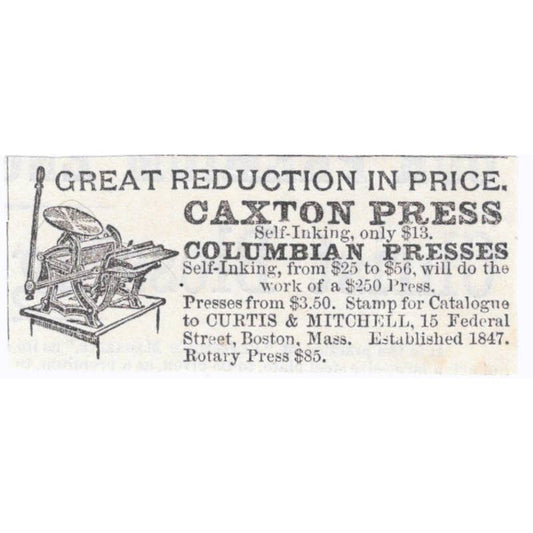 Caxton Press Curtis & Mitchell Boston MA - Victorian Ad 1878 Original TJ7-L2-1