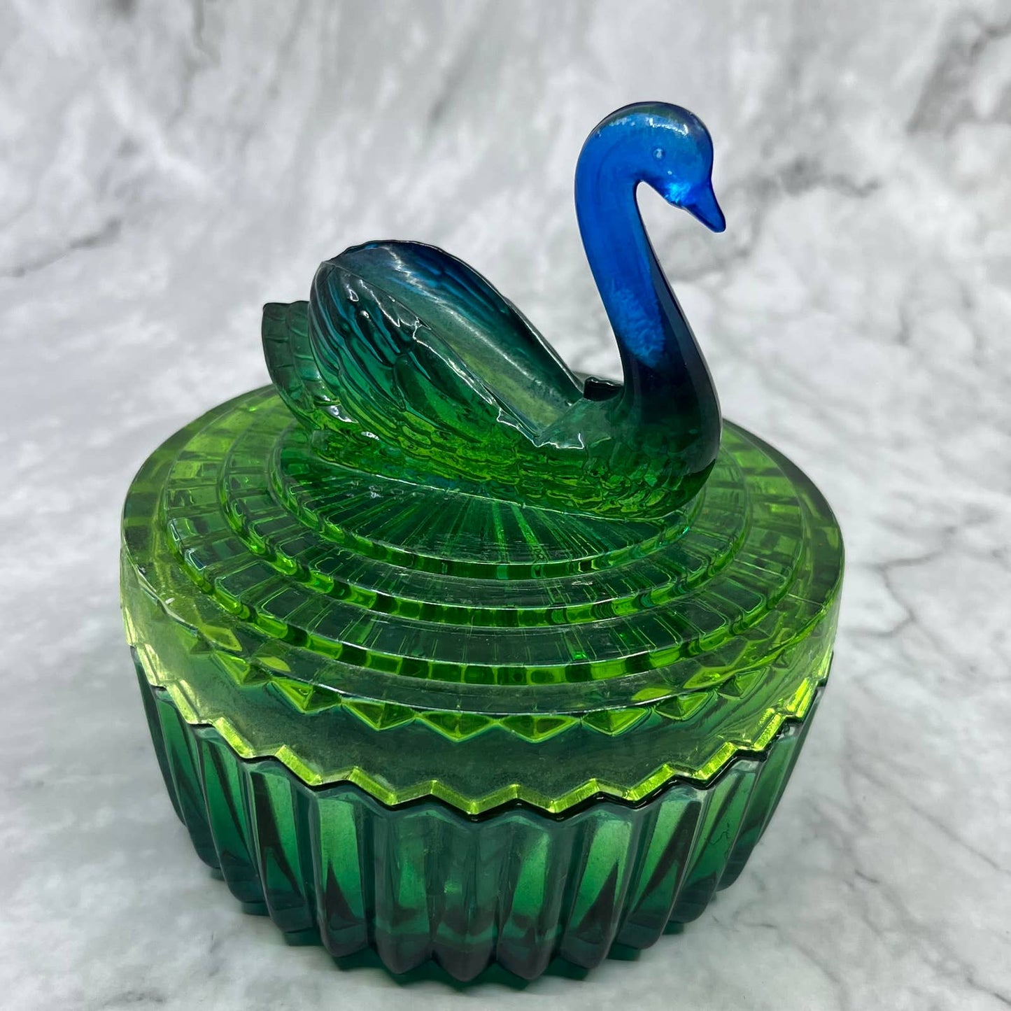 1950s Jeanette Blue Green Ombre Glass Swan Covered Powder Jar Dish TD6