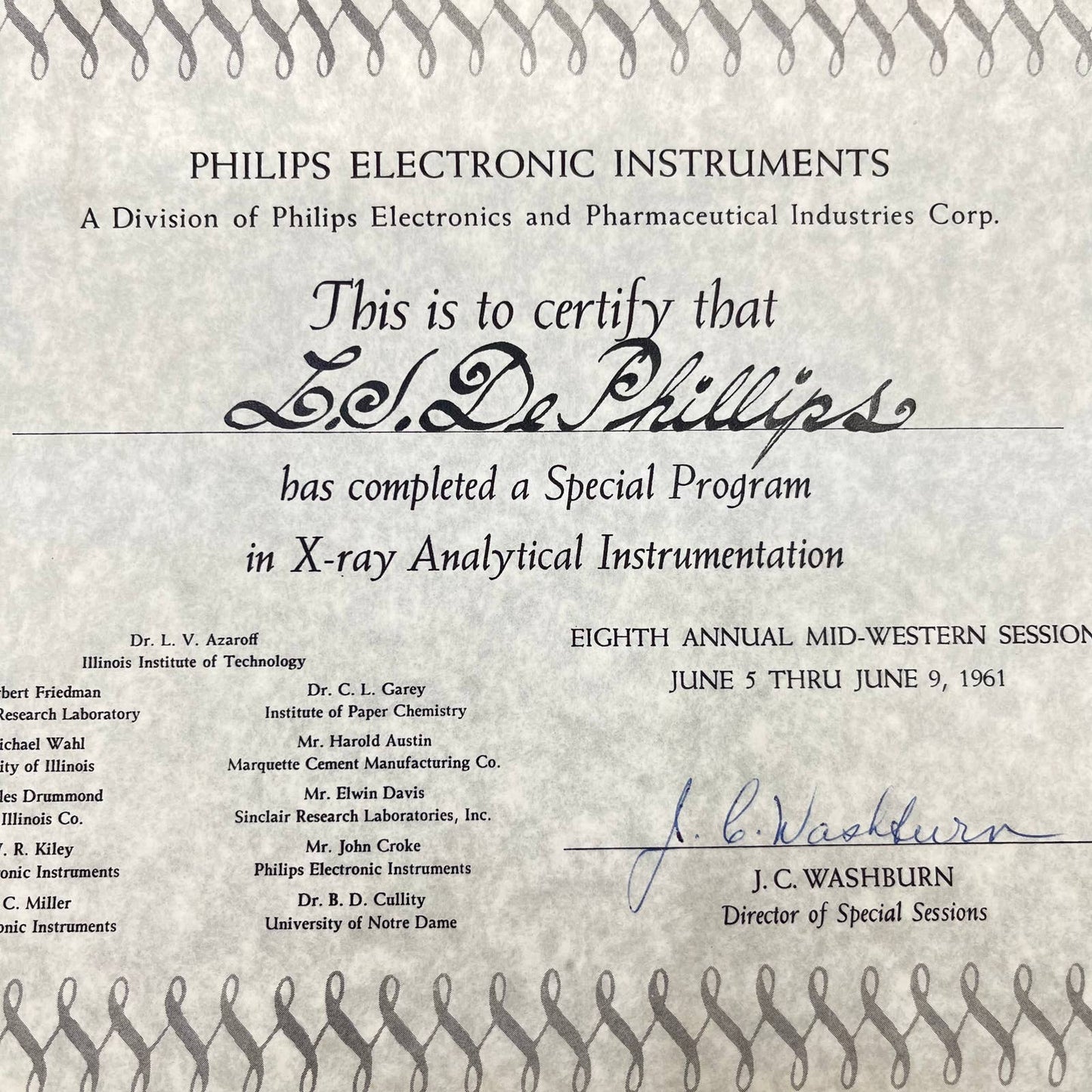 1961 Phillips Electronics X-Ray Analytical Instrumentation Certificate D7