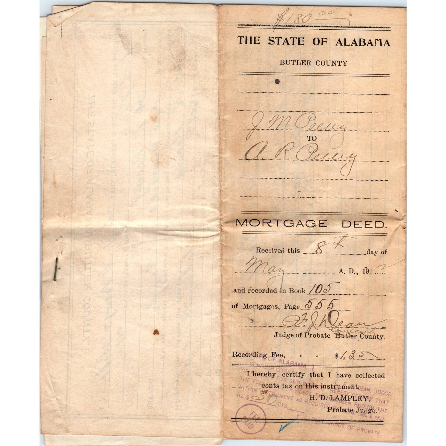 1913 State of Alabama Butler County Mortgage Deed J.M. Peevy AL AD6