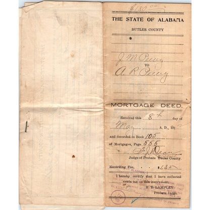 1913 State of Alabama Butler County Mortgage Deed J.M. Peevy AL AD6