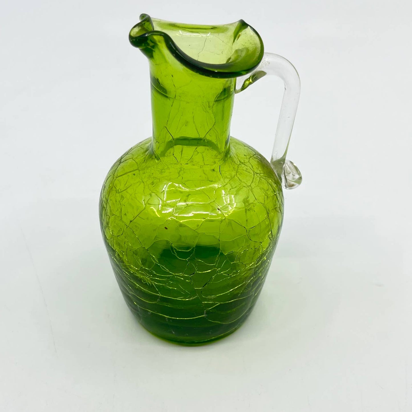 Vintage Pilgrim Crackle Glass Pitcher Avocado Green 5" Hand Blown TE3