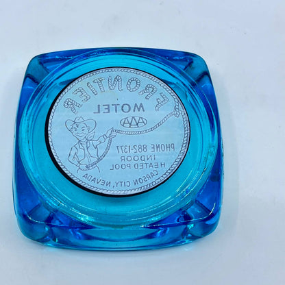 Vintage Cobalt Blue Advertising Ashtray Frontier Motel Carson City NV Cowboy TF4