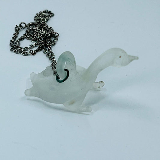 Vintage Frosted Glass Plesiosaur Loch Ness Monster Pendant Necklace SB2