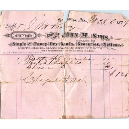 1879 Letterhead Billhead John M. Sims Dry Goods Georgiana AL AD6-5