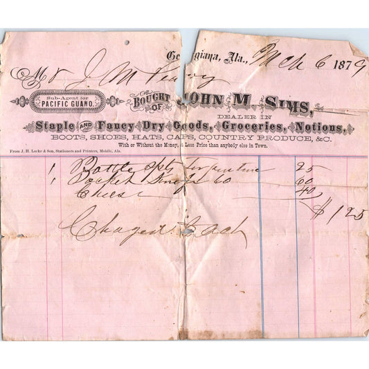 1879 Letterhead Billhead John M. Sims Dry Goods Georgiana AL AD6-5