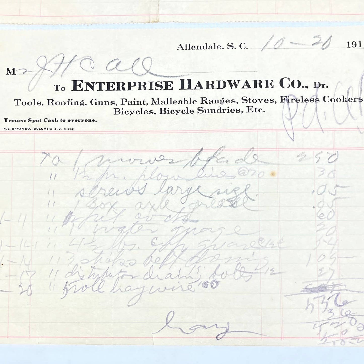 1913 Enterprise Hardware Co Letterhead Receipt Allendale SC Set of 2 AC3-3